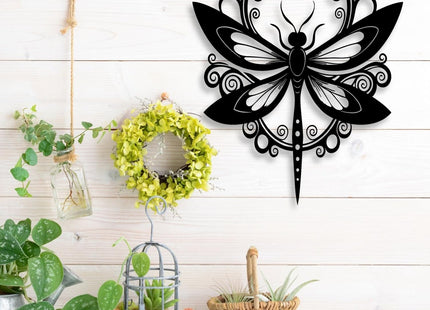 LIYOUYA Dragonfly Metal Wall Decor - Animal Decor Black Floral Dragonfly Wall Art Home Decor for Living Room, Bedroom, Patio, Garden (Black)