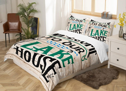 Lake House Kids Duvet Cover Set Twin Size,Retro Wooden Plank Bedding Set,Girls Boys Adults Bedroom/Cabin Decor,Fish Sea View Nautical Comforter Cover,Rustic Farmhouse Quilt Cover,1 Pillowcase