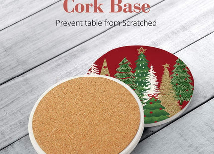 Nicegod Christmas Tree Drink Coasters Set of 6, Round Absorbent Ceramic Coaster, with Metal Holder and Cork Base, Pine Tree Xmas Red Coasters for Coffee Table Housewarming New Year's Gifts