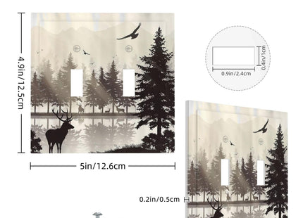 Misty Forest Deer Mountain Tree Black Woodland Lake Nature 2 Gang Light Switch Cover Double Toggle Wall Plate Decorative Switchplate Electrical Faceplate for Bathroom Kitchen Bedroom Decor