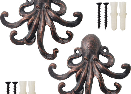 RONYOUNG 2PCS Heavy Duty Decorative Octopus Hook- Wall Mounted Coat Hooks/Solid Cast Iron Unique Key Holders/Home Decor (Red Bronze)