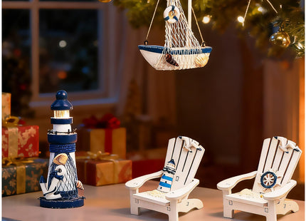 JQAQJU 4" Wooden Beach Chair Lighthouse Sailboat, 4pcs Nautical Home Decor
