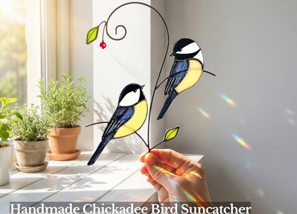 Iricrist Chickadee (1 Pair) Stained Glass Birds Suncatcher for Mom, Grandma, Women - Real Glass Window Hanging Ornament - Handmade Bird Lover Home Decor (Gifts Ready Packaging)
