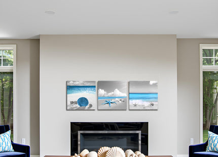 sechars Coastal Canvas Wall Art Seashell Starfish Pictures Prints Bathroom Seaside Painting Artwork Framed (Blue)