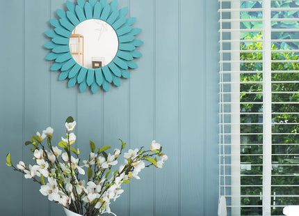 Honiway Beach Wall Decor Mirror 12 inch Wood Coastal Wall Decor Sunburst Boho Home Decor Room Decor for Bedroom Living Room Bathroom Cyan