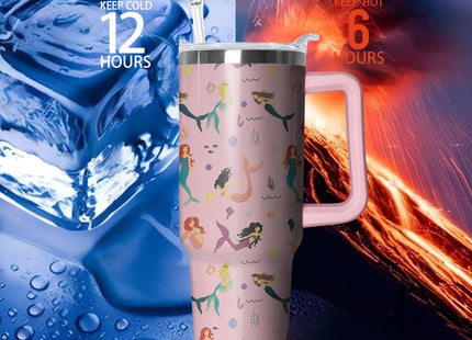 40oz Mermaid Tumbler with Handle and Straw, Animal Lovers Gifts for Women, Stainless Steel Travel Mug Water Bottle, Vacuum Insulated Cup with Lid