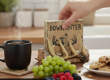 Pine Ridge Home Antler Wood Log Coaster Set with Holder - Bow Hunter Country Absorbent Coaster - Cabin Lodge Home Decor for Hunter Men - Man Cave Coasters Rustic Wood Decor Accent