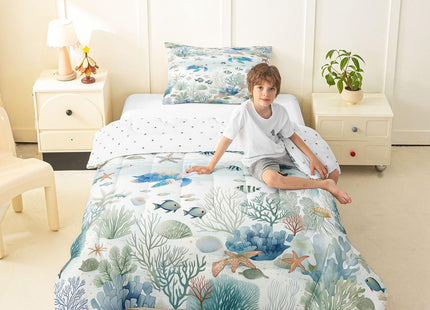 Castle Fairy Coastal Turtle Kids Comforter Set Twin Size,Fish Coral Starfish Seashell Bedding Set for Teens Adults Bedroom Decor,Ocean Beach Duvet Insert,Blue Green Quilted Duvet Set with 1 Pillowcase