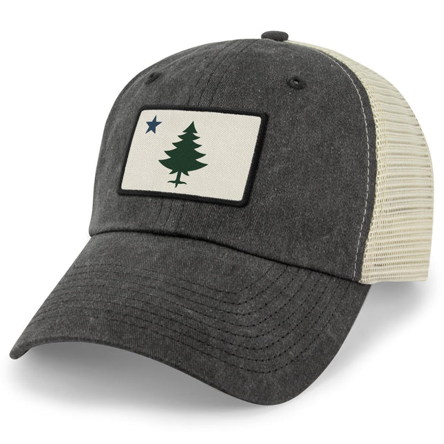 Chowdaheadz Maine Flag Hat - Vintage Portland Maine Hat, Unisex Trucker Mesh Cap, Multiple Colors Black