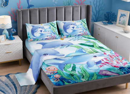 XYNHML Dolphins Animal Aqua Blue Green Sea Sheet Queen 4Pcs Kids Coral Jellyfish Bedding Set for Boys Girls Ocean Waves Bedspread Fish Bed Set with 1 Flat Sheet and 1 Fitted Sheet+2 Pillowcases