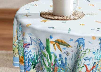 Imiss Nautical Round Table Cloth Coral Starfish Seashell Circle Tablecloth Wrinkle Resistant Washable Table Cover 60 Inch for Kitchen Dining Room Party Picnic