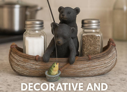 De Leon Collections Polyresin Black Bear Fishing in a Canoe Boat Rustic Outdoor Themed Salt and Pepper Shaker Holder Set