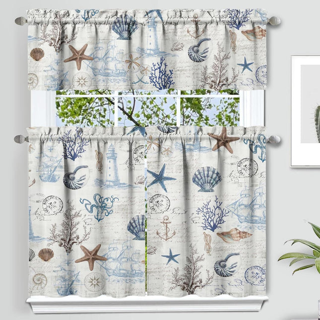 qwpmvhsak Ocean Kitchen Curtains Valance Set of 3,Summer Nautical Themed Kitchen Decor,Suitable for Home Interior Design,Farmhouse Style Kitchen Curtain and Valance Set,Short Curtain