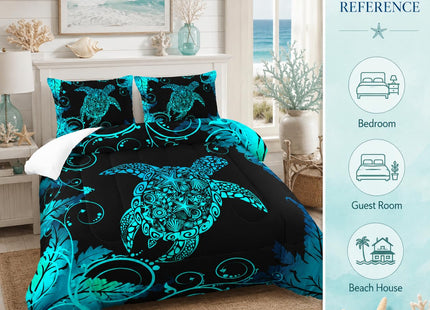AILONEN Polynesian Sea Turtle Comforter Set Full Size, Dreamy Aqua Blue Bedding Fluorescence Texture Plant Abstract Turtle Star Conch Quilt Set All Season 3Pcs (1 Comforter + 2 Pillowcases)