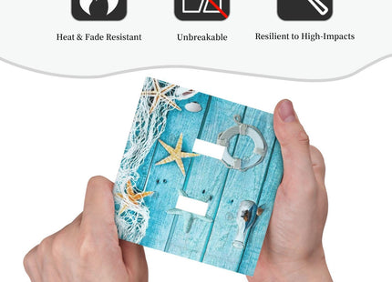 Turquoise Teal Fishing Net Wood Plank 2 Gang Double Toggle Light Switch Cover Electric Wall Plate Electrical Faceplate for Bathroom Home Living Room Jumbo Size Decor