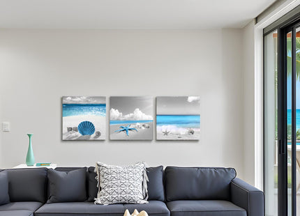 sechars Coastal Canvas Wall Art Seashell Starfish Pictures Prints Bathroom Seaside Painting Artwork Framed (Blue)