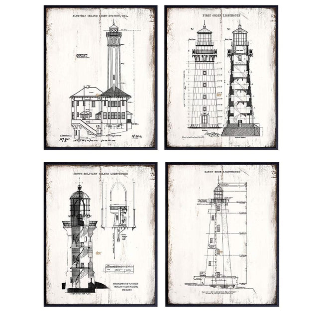 Historic Lighthouse Patent Print Wall Art - 8x10 Vintage Photograph Set for Beach Home, Living Room, Bedroom Decor - Unique Gift for Ocean, Sea Nautical Fans - Rustic Retro Shabby Chic Poster Photo