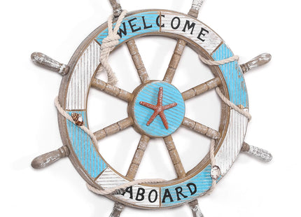 Asense Set of 2-17.4" Nautical Beach Wooden Ship Steering Wheel and 15.1" Wood Anchor with Rope, Boat Steering Rudder Wall Decor Door Hanging Ornament Beach Theme Home Decoration, Blue & White