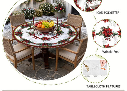 YOPINCO 54 Inch Round Christmas Tablecloth, Holly Poinsettia Holiday Table Cover, Water Resistant Polyester Tablecloth for 45-50 Inch Round Dining Tables, Stain Resistant Christmas Decor