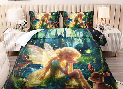 AILONEN Butterfly Fairy Comforter Set, Princess and Elk Duvet Set, Full Size, Mysterious Forest Theme Bedding Set, 1 Quilt + 2 Pillow Case