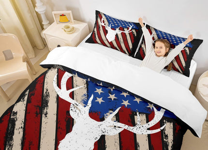 American Flag Retro Duvet Cover Set Full Size,Deer Antlers Animal Comforter Cover,Boys Adults Xmas/Bedroom Decor,Red Blue Stars Striped Bedding Set,Rustic Hunting Farmhouse Quilt Cover,2 Pillowcases