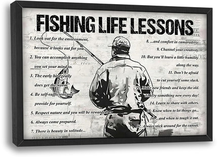 Fishing Wall Art Fishing Life Lessons Framed Wall Decor Motivational Quotes Canvas Pictures Sign Poster Decorations Print Painting Artwork for Man Boy Room Living Room Bedroom 24x16inch