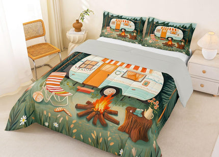 Erosebridal Cute Camper Car Full Comforter Set Rv Camping Bedding Set Woodland Camper Decor Comforter for Kids Boys Girls Floral Campfire Quilt Duvet
