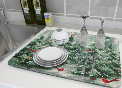Winter Pine Tree Dish Drying Mat Red Bird Berry Dishes Drainer Mats Absorbent Microfiber Kitchen Counter Protector Drying Mats 18x24 Inch