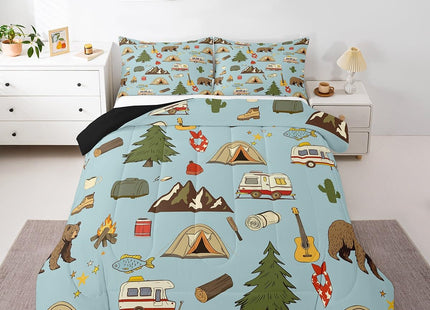 Camper Bedding for Travel Trailers Bunk, Happy Camping Comforter Set for Kids Boys Girls, Pine Tree Bear Duvet Insert, Camper Accessories Bedding Comforter Sets, Travel Car Down Comforter, 2Pcs Twin