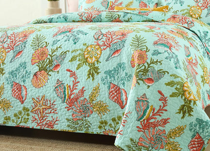 Autumn Dream Cotton Coastal Bedspread Quilt Sets Reversible Bedding Coverlet Sets Comforters, Fairytale Starfish Seashell Bedspread, Marine Green Ocean, King Size