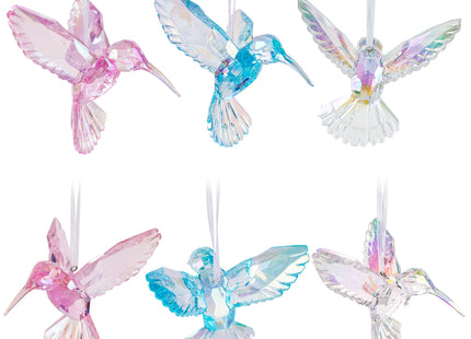 6 Pieces Hummingbird Ornaments Acrylic Hummingbird Figurines Large Crystal Pendants Shiny Iridescent Purple, Blue and Clear Bird Decoration