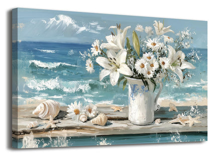 Blue Ocean Beach Bathroom Decor Wall Art, Starfish with White Flower Picture Canvas Prints Modern Coastal Seascape Painting Framed Seaside Seashell Floral Artwork for Beachy Home Decoration 12x18inch