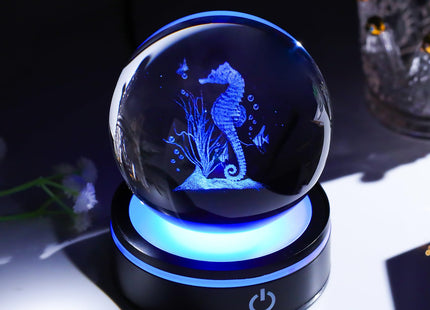YWHL 3D Seahorse Crystal Ball Figurine with LED Base, Seahorse Gifts for Women Men on Christmas Birthday, Glass Sea Horse Decor Globe Night Light for Home Office (80mm)
