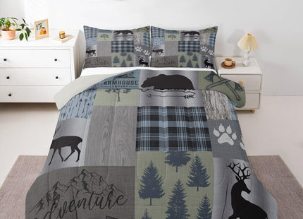 Castle Fairy Gray Green Plaid Comforter Set King Size,Woodland Animals Adventure Themed Bedding Set for Kids Boys Men Winter Room Decor,Rustic Farmhouse Quilt Set Patchwork Duvet Insert,2 Pillowcases