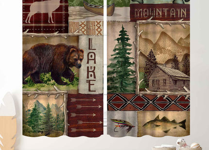 Retro Rustic Curtains, Vintage Bear Deer Farmhouse Forest Cabin Lodge Woodland Adventure Cottage Country Blackout Window Curtains Drapes for Bedroom Living Room Kitchen 2 Panels Set, 42"x54" Inch