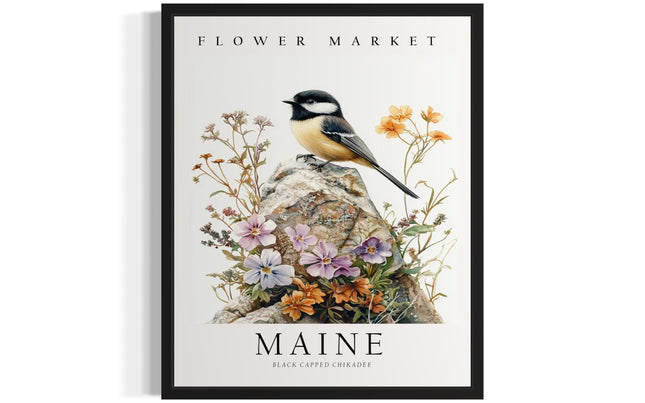 Maine Unframed Art Print Poster, State Bird Wall Art Wildlife Animal Botanical Decoration for Bedroom, Living Room Bathroom Decor 77 (Maine, 20"L x 16"W, Unframed)