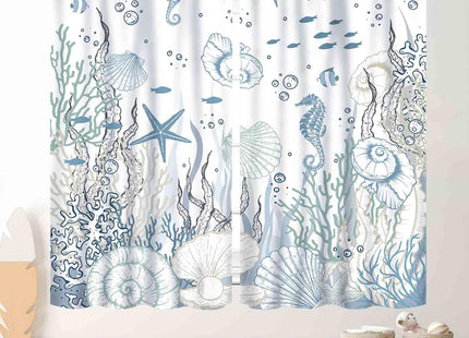 Nautical Beach Curtains, Coastal Seahorse Sea Turtle Starfish Seashell Undersea Animal Blue Blackout Drapes for Bedroom Living Room Kids Room Bathroom Kitchen Window Treatments 2 Panel, 42"x45" Inch