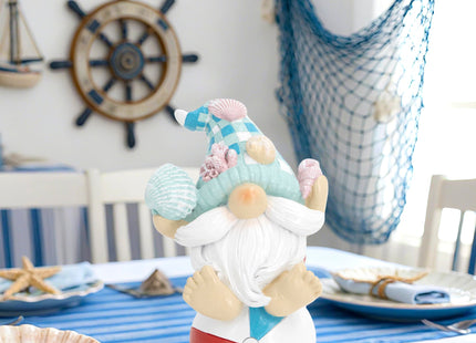 Hodao Coastal Ocean Gnome Decorations – Hand-Painted Resin Beach Gnome Sitting on Ball with Seashell Hat & Coral Details, Summer Sea Decor Gift for Indoor Home, Bedroom & Tabletop Ornaments