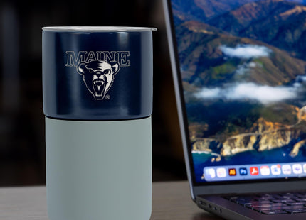 Rico Industries NCAA Maine Black Bears 16 oz Ceramic Tumbler with Silicone Grip, Deep Laser Engraved, Navy and Gray Colored Design with Slide Lid, Travel Coffee Mug, Matte Glaze