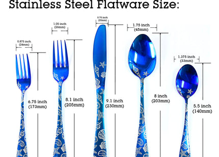 20 Pieces Stainless Steel Flatware Set for 4 People Knives Forks Spoons Set, Seashell Design, Ocean Nautical Seashell Summer Party Blue Silverware Mirror Polish and Dishwasher Safe (20, Blue Seashell)