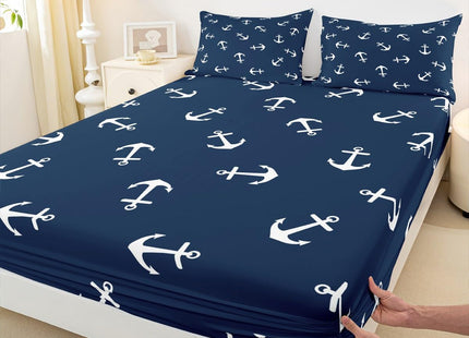 Manfei Summer Anchor Sheet Set Full Size, Nautical Anchor Bedding Set for Kids Boys Teens Room Decor, Fashion Navy Blue Bed Sheet Set 4pcs with Deep Pocket Fitted Sheet + Flat Sheet + 2 Pillowcases