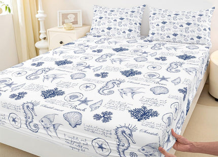Coastal Fitted Sheet Twin Size,Seashell Conch Seahorse Starfish Coral Bedding Set 2Pcs,Ocean Beach Nautical Bed Sheet for Kids Teens Adult Room Decor,Navy White Deep Pocket Sheet,1 Pillowcase
