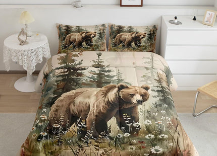 Feelyou Bear Bedding Set Toddler Size Kids Woodland Bear Comforter Cover for Boys Girls Teens Forest Nature Wildlife Duvet Cover Onion Green Quilt Set Breathable Soft Lightweight Microfiber