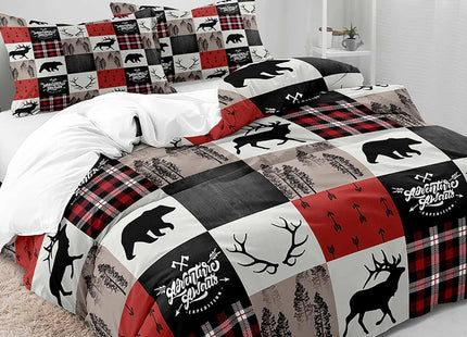 LUVIVIHOME 3PCS Christmas Duvet Cover Full, Cabin Rustic Bedding, Holiday Xmas Gifts Black Bear Moose Elk Deer Lodge Quilt Patchwork Bedspread Red Buffalo Check Plaid Comforter Cover, 2 Pillow Shams