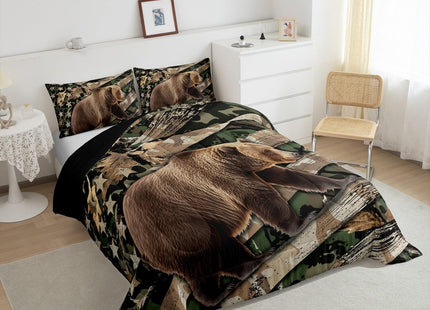 Feelyou Kids Bear Comforter Set Toddler Size Camo Rustic Bear Bedding Set for Boys Teens Decor Camouflage Comforter Farmhouse Cabin Bear Duvet Set 2Pcs