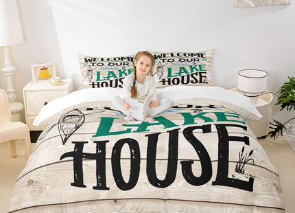 Lake House Kids Duvet Cover Set Twin Size,Retro Wooden Plank Bedding Set,Girls Boys Adults Bedroom/Cabin Decor,Fish Sea View Nautical Comforter Cover,Rustic Farmhouse Quilt Cover,1 Pillowcase