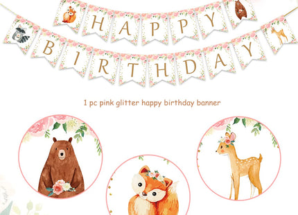 Kreatwow Woodland Happy Birthday Banner Woodland Birthday Party Decorations Girls Jungle Forest Animal Creatures Bunting Banner Garland for Girls