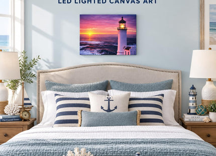 BANBERRY DESIGNS Lighted Lighthouse Canvas Wall Art with LED Lights – Nautical Beach Sunset Ocean Decor – Coastal Lighthouse Picture for Living Room, Bedroom & Bathroom – 16” x 12” – Battery Operated