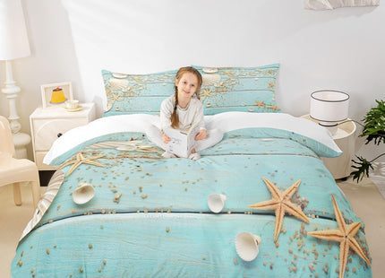 Homewish Seashell Starfish Duvet Cover Set Twin Size,Wood Stripes Bedding Set 2pcs for Kids Teens Girls Boys Room Decor, Beach Hawaiian Style Comforter Cover Summer Teal Quilt Cover with 1 Pillowcase