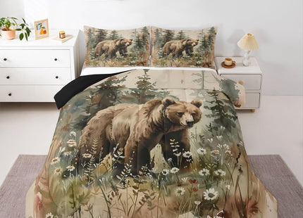 Feelyou Bear Bedding Set Toddler Size Kids Woodland Bear Comforter Cover for Boys Girls Teens Forest Nature Wildlife Duvet Cover Onion Green Quilt Set Breathable Soft Lightweight Microfiber